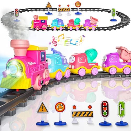 Funwee Steam Track Train Set for Toddlers, Magnetic Connection Train Toys w/Lights & Sounds, Electric Cartoon Choo Choo Train, Toy Train Christmas Birthday Gift for Toddlers 2 3 4 5+ Boy Girl (Pink)