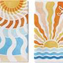 Watercolor Sun Sunshine Kitchen Dish Towels Set of 2, Boho Abstract Sunrise Sunset Sea Drying Hand Towel Baking Cooking Cloth, Spring Summer Ocean Bathroom Home Decoration 18'' x 26''