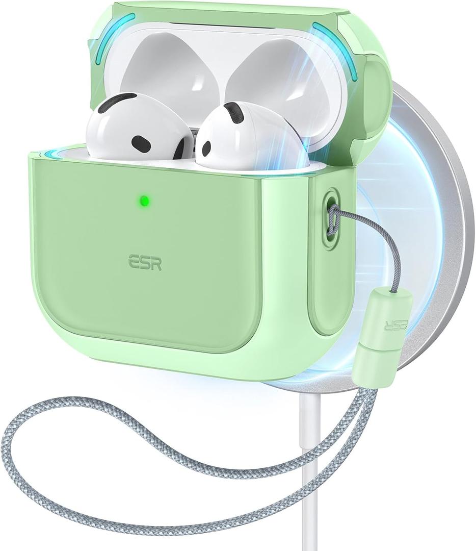 ESR for AirPods 4 Case, Compatible with AirPods 4th Generation Case (2024) (USB-C), Compatible with MagSafe, Drop Protection Cover with Lanyard, Magnetic Lid Lock, Orbit Hybrid Series, Light Green