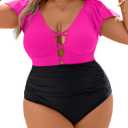 Blooming Jelly Women's Plus Size One Piece Swimsuit Tummy Control Bathing Suit Crisscross V Neck Sexy Swimwear (Hot Pink and Black, X-Large)