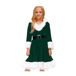 Kid Little Girls Christmas Outfit Santa Claus Velvet Lapel Long Sleeve Dress Princess Party Layered Dresses with Belt (Green, 3-4 Years)