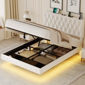 Lift Up Storage Bed Frame Queen Size Floating Bed Frame with Adjustable Headboard/LED Lights/Charging Station/Outlet,Velvet Upholstered Tufted Platform Bed Frame/Wooden Slat/No Box Spring Needed,White