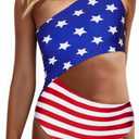 Women's One Piece Ribbed Swimsuit One Shoulder Cutout Swimwear Sexy Bathing Suit (Large, Red&blue)