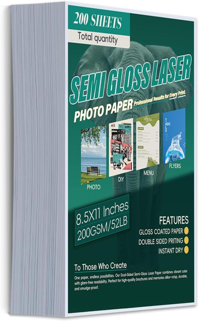 Laser Photo Paper 8.5x11 In,200 Sheets 200GSM/52LB Semi Gloss Double Sided HighHeat Resistant Smudge Proof for Laserjet Brochures Covers Postcard DIY Flyers Cards Picture Cardstock
