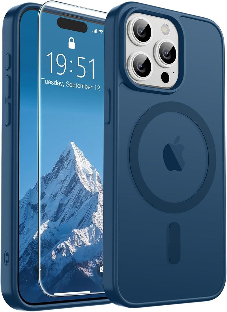 SUPFINE Magnetic for iPhone 15 Pro Case with Screen Protector (Compatible with MagSafe) (Military Grade Drop Protection) Translucent Matte Shockproof with Anti-Fingerprint Phone Case,Deep Blue