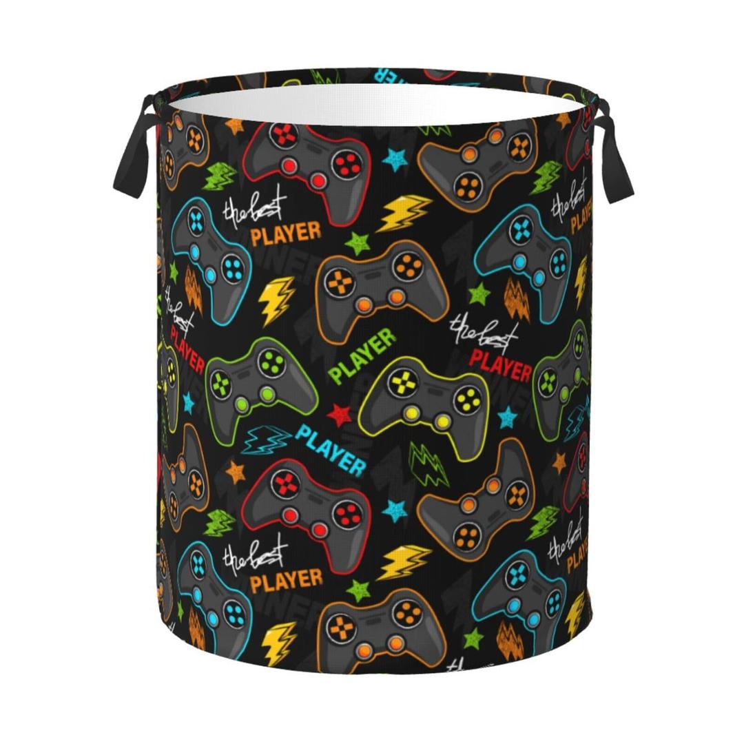 Jbofyee Gaming Joysticks Laundry Hamper Bag With Waterproof Liner - Video Game Controller Round Laundry Basket Foldable Clothes Storage Organizer For Bathroom Bedroom Nursery Dorm, S-16.5"X 13.8"