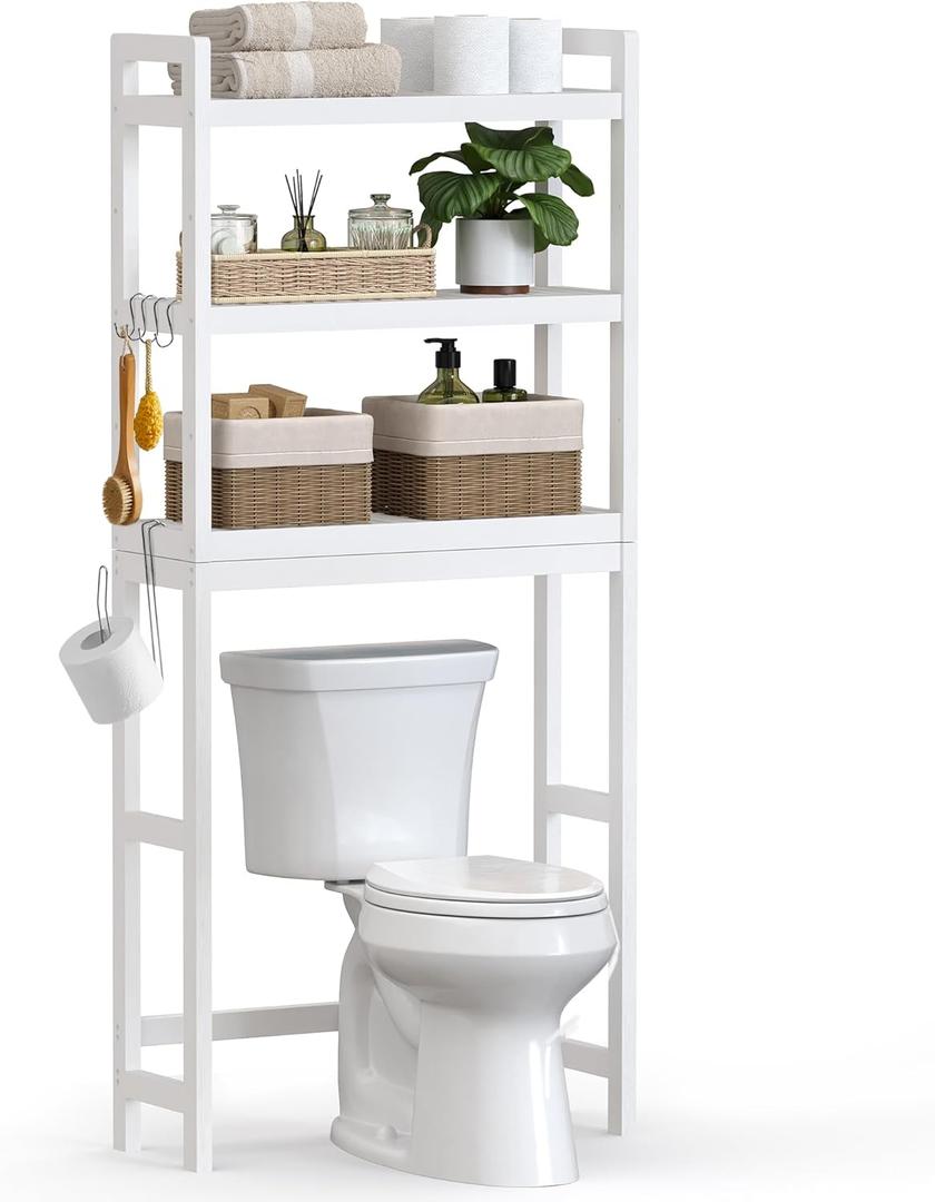 SONGMICS Over The Toilet Storage, 3-Tier Over Toilet Bathroom Organizer with Adjustable Shelf, 10.2 x 24.8 x 66.9 Inches, Space-Saving, Cloud White UBTS01WT