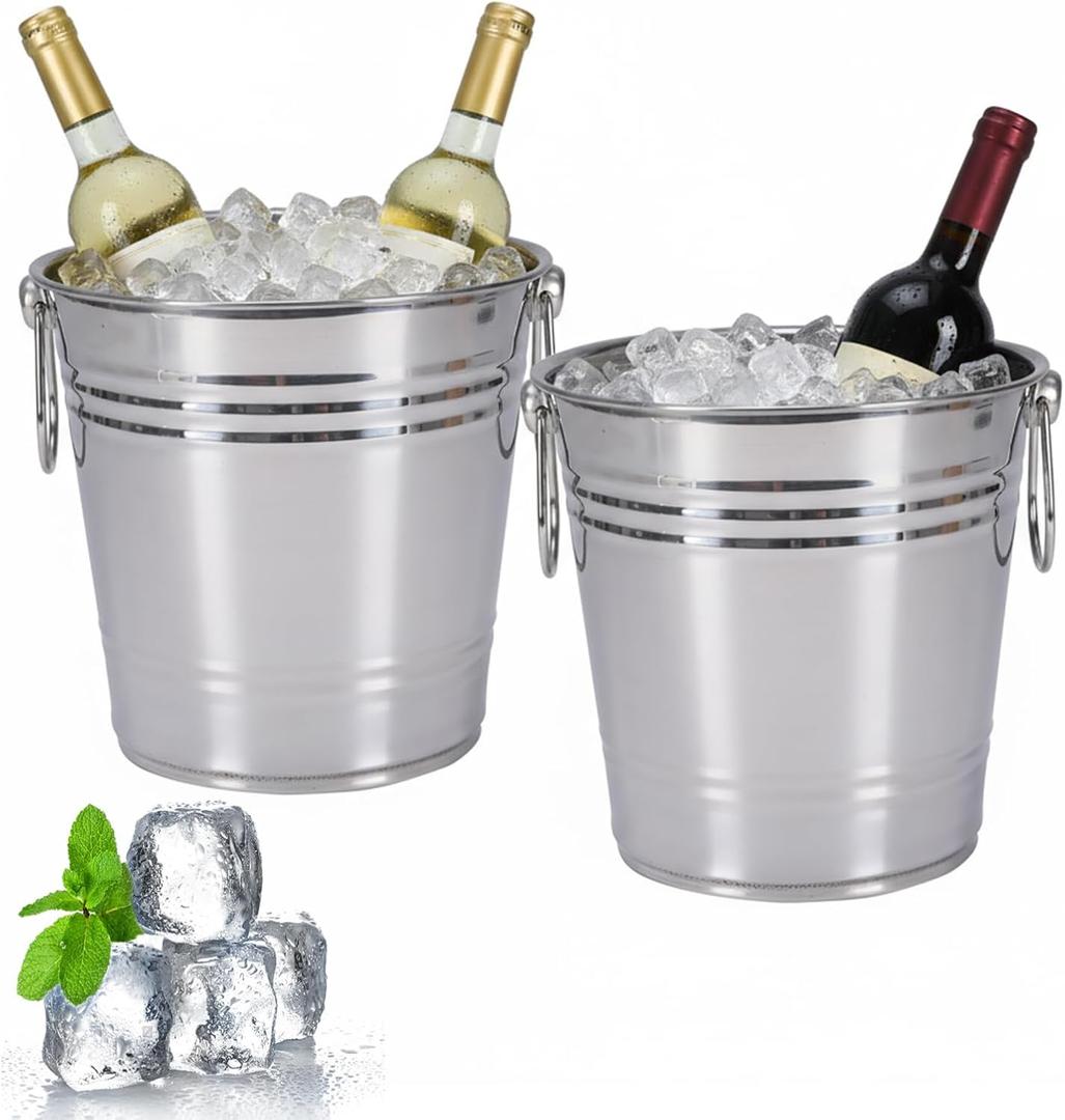 2 Pack Ice Buckets with Handles, WineBucket Chiller for Parties, Beverage Tub, Ice Tub for Cocktail Bar, Great for Indoor and Outdoor Use, Stainless Steel, 3L, Silver