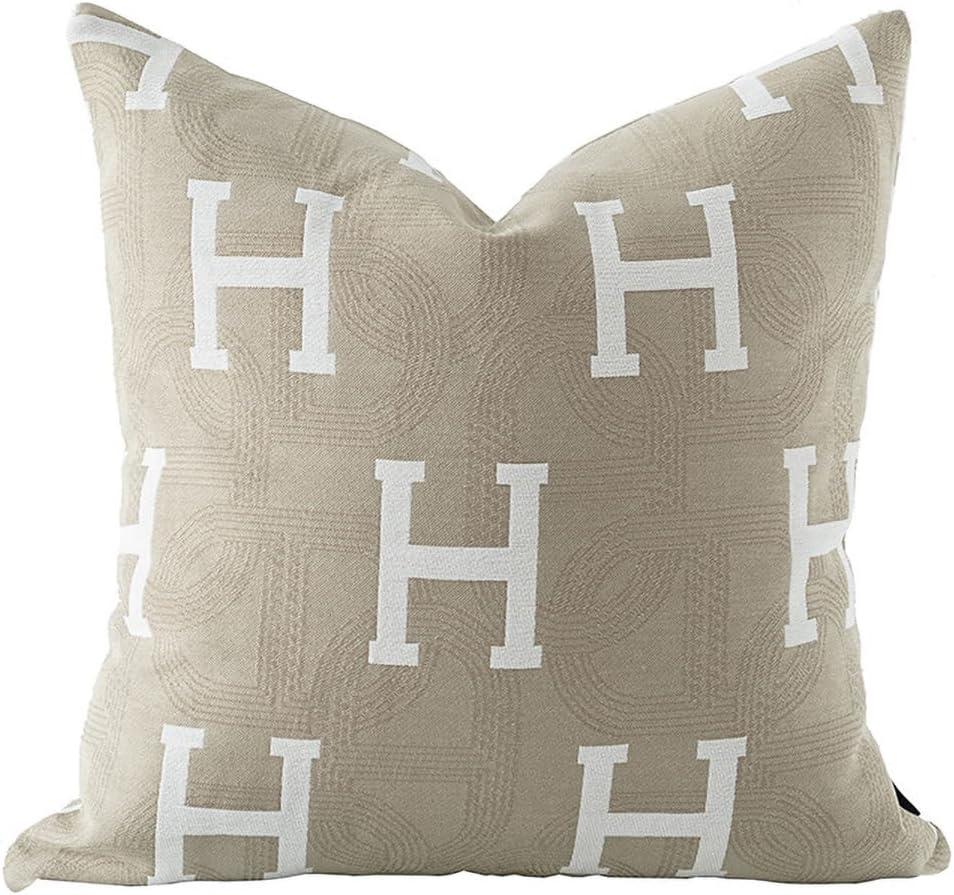 20x20'' Inches Throw Pillow Cushion Cover - Beige H Letter Embroidery Modern Fashion Style Couch Sofa Pillow Cover for Living Room Bedroom