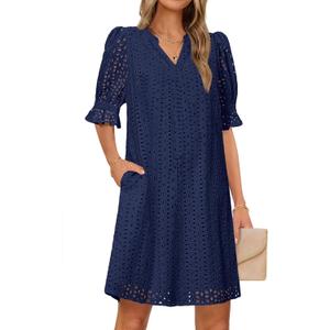 MEROKEETY Women's 2025 Summer Short Sleeve Mini Dress V Neck Ruffle Hollow Out Eyelet Lace Dresses, Navy, Large