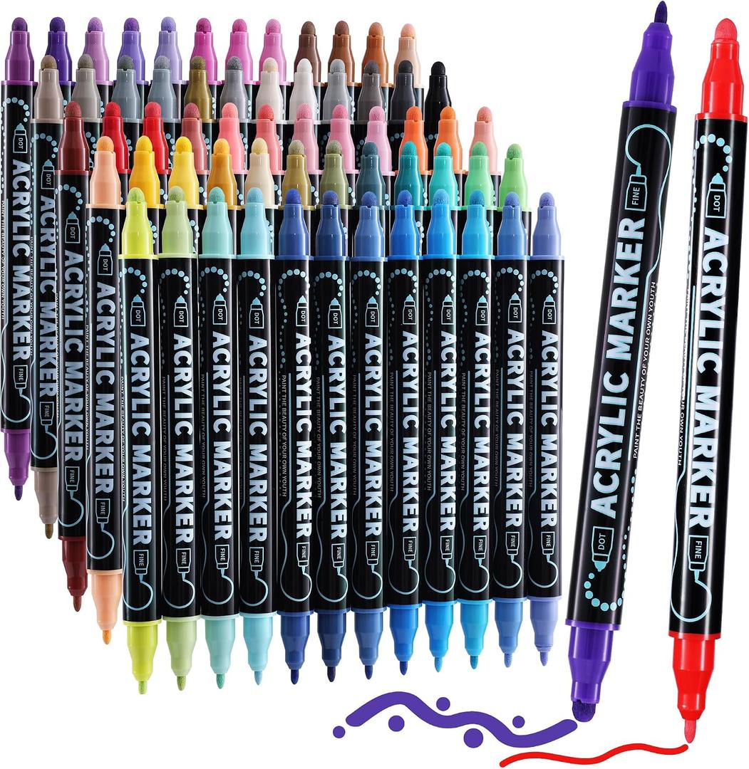 60 Colors Dual Tip Acrylic Paint Markers, Premium Dot & Fine Tip Coloring Paint Pens for Rock, Wood, Fabric, Canvas, Glass, Paper, Ceramic, Scrapbook, Vision Board and DIY Crafts Supplies Art Gifts
