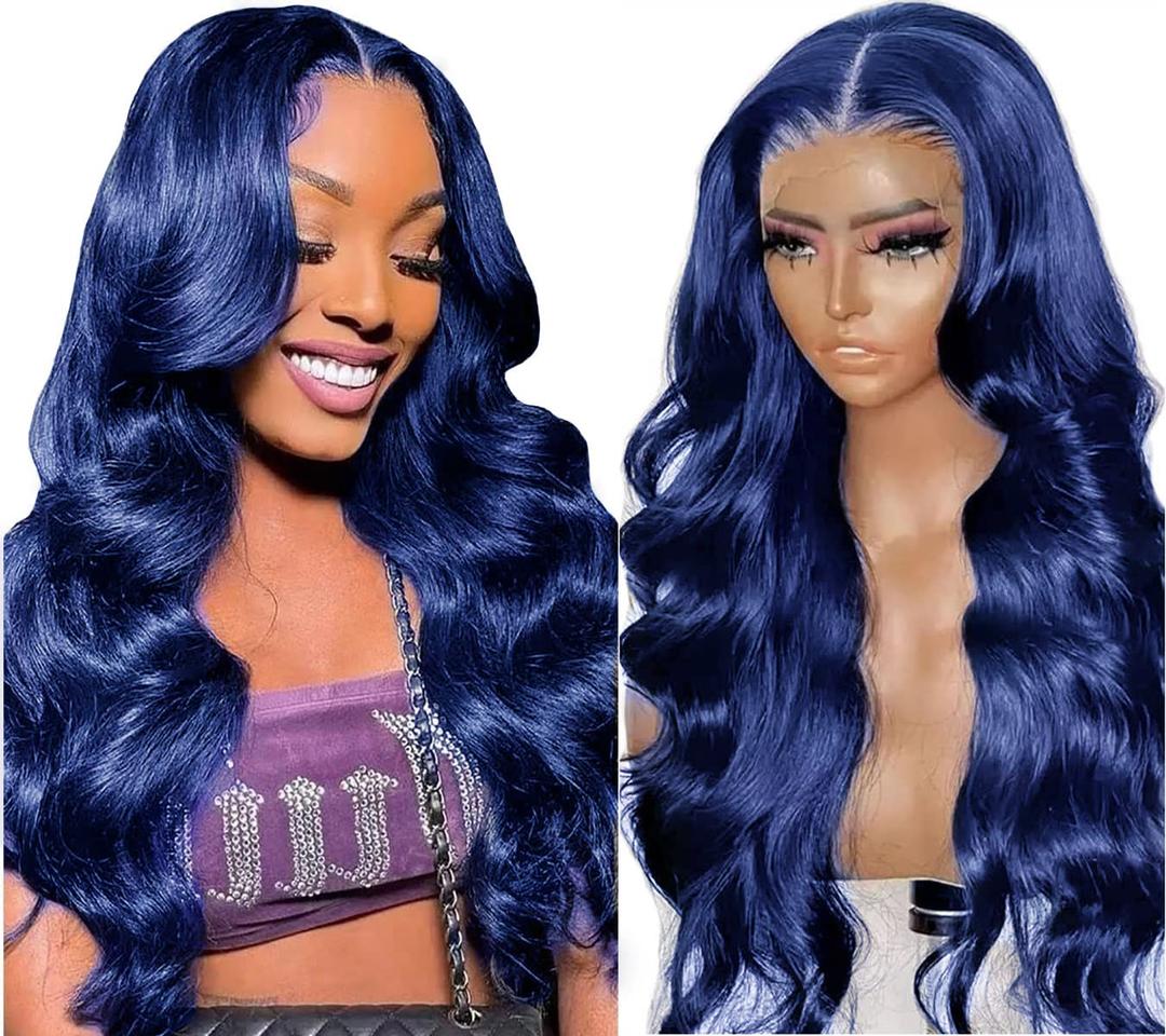 Colorful Bird Dark Blue Lace Front Wigs Human Hair Body Wave 13x4 HD Lace Frontal Wigs 10A Glueless Wigs Human Hair Pre Plucked with Baby Hair Navy Blue 150% Density 22 Inch