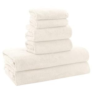 MOONQUEEN Ultra Soft Towel Set-Quick Drying - 2 Bath Towels 2 Hand Towels 2 Washcloths-Microfiber Coral Velvet Highly Absorbent Towel for Bath Fitness,Bathroom,Sports,Yoga, Travel(Cream, 6 Pcs)