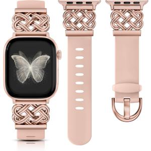 Minyee Celtic Knot Silicone Band Compatible with Apple Watch Band for Women 38/40/41/42mm(Series 11/10), Dressy Thin Soft Silicone Stylish Sport Strap for iWatch Series 11 10 9 8 7 6 5 4 Ultra/SE 3 2 1 (Sand Pink/Rose Gold)