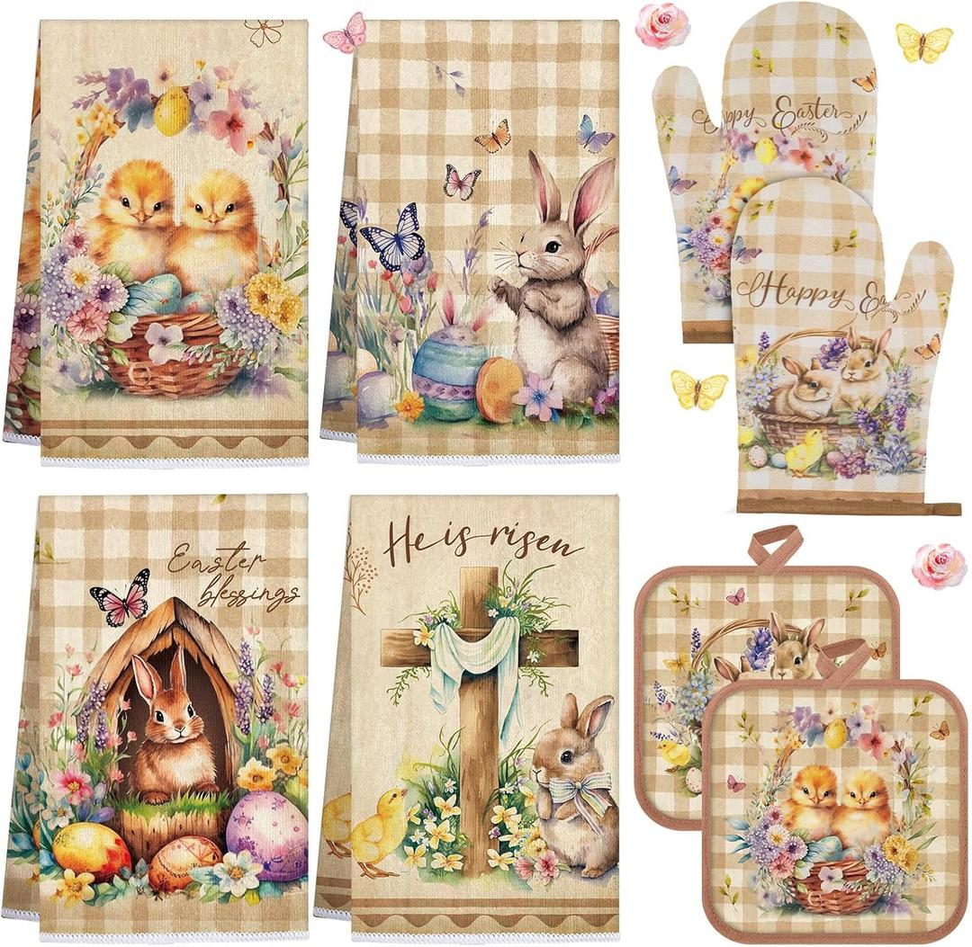 VitalCozy 8 Pcs Easter Kitchen Towels Oven Mitts and Pot Holder Sets Happy Easter Floral Kitchen Towels Retro Dish Towel Cute Bunny Egg Cross Heat Resistant Oven Gloves Potholder for Holiday Baking