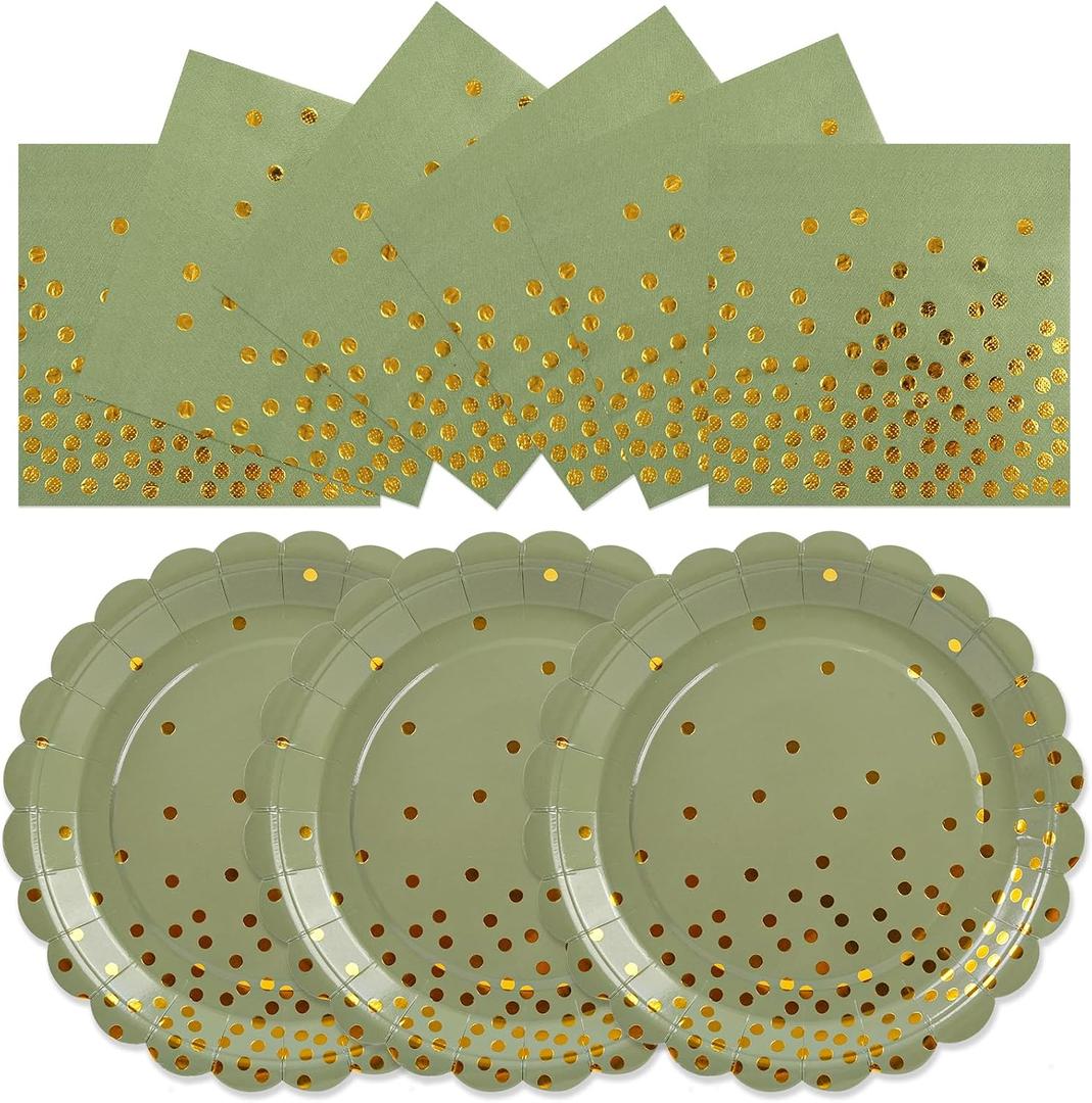 2 x 50pcs Sage Green Paper Plates and Napkins Set, 7Inch Sage Green and Gold Dot Disposable Party Plates Set for Baby Shower Birthday Wedding Christmas Party Supplies and Decorations