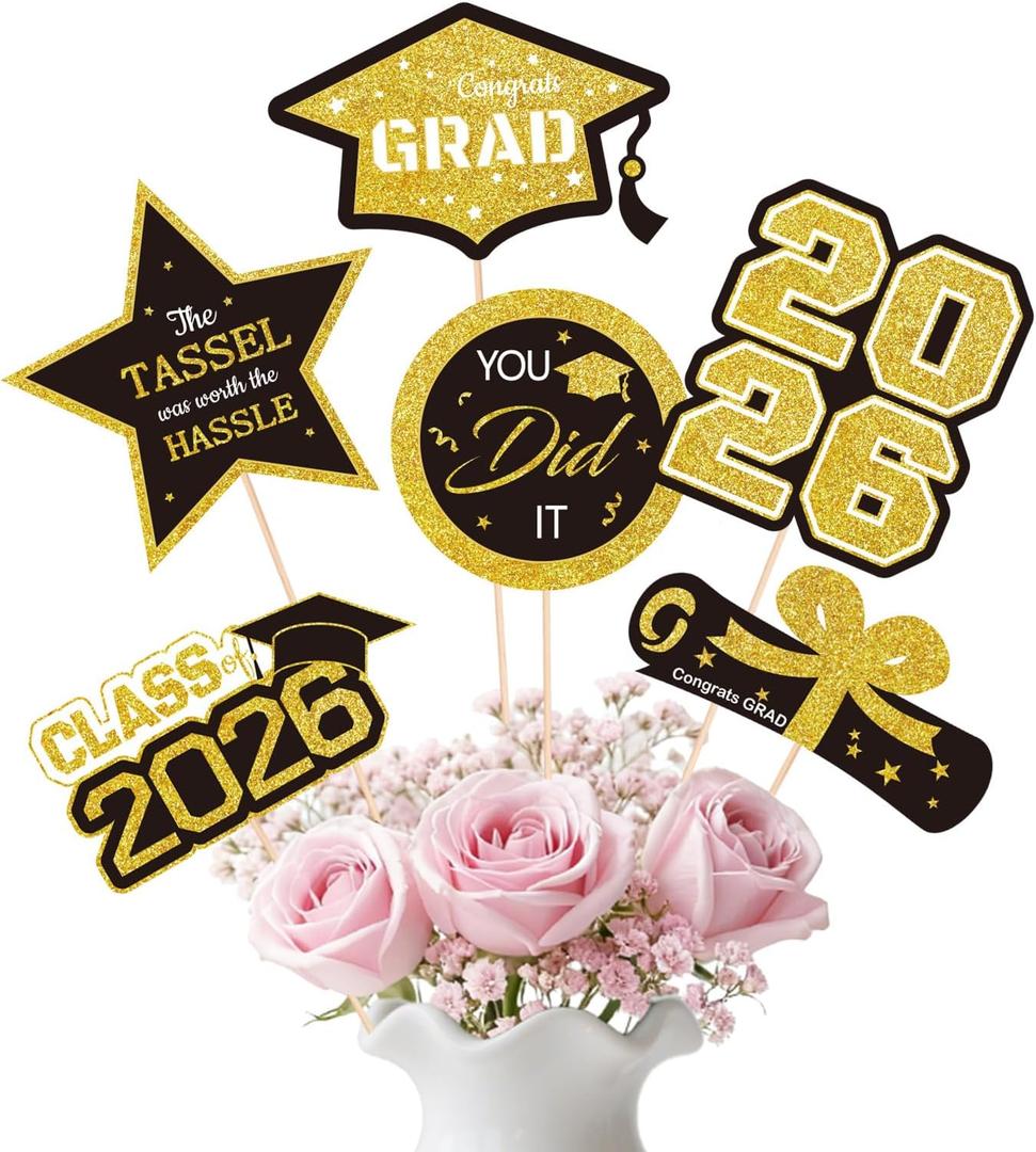 3 x Graduation Cake Toppers 2026, 30 Pcs Gold Glitter Congrats Grad Decorations, Class of 2026 Party Supplies, You Did It Graduation Cupcake Toppers for Graduation Party Decor