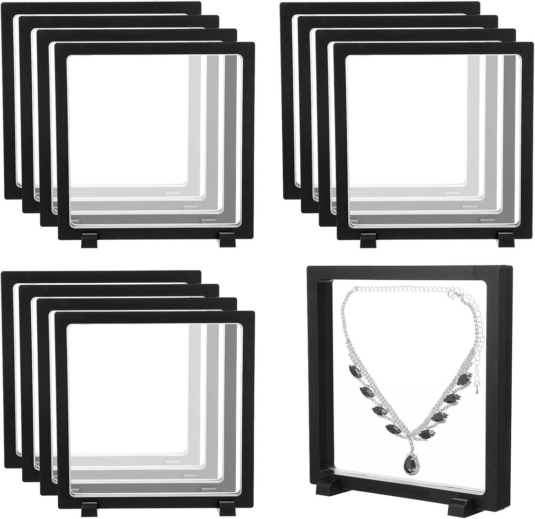 12 Pcs Black 3D Floating Display Case Frame, 7 Inch Plastic Holder Stands, Jewelry Storage Box with Base for Challenge Coins, Medallions, Jewelry, Collectibles and More
