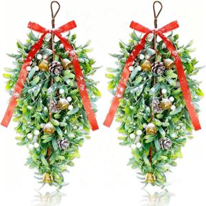 22" Inch Mistletoe Christmas Decor Hanging 2 PCS Xmas Holiday Kissing Artificial Hanging Christmas Teardrop Swag with Bow White Berries Pine Needles for Home Wall Window Festival Wedding Decor