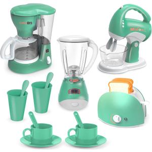 Play Kitchen Toys, Pretend Play Kitchen Appliances Toy Set with Coffee Maker, Mixer, Toaster with Realistic Lights& Sounds, Birthday Gift for Kids Ages 3-5 4-6 6-8 (Green)