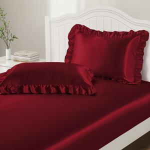 P Pothuiny 3-Piece Set Ruffle Satin Pillowcases & Twin Fitted Sheet, Luxury Burgundy Satin Fitted Sheet Silky Soft Cute Bedding Bedroom Dorm Decor, Wrinkle Free, 15 Inch Deep Pocket