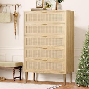 IDEALHOUSE Rattan 5 Drawer Dresser, 44''Tall Narrow Chest of Drawer, Farmhouse Wooden Vertical Dresser with Metal Legs and Handles, Modern Cabinet for Bedroom, Living Room, Oak (Natural)