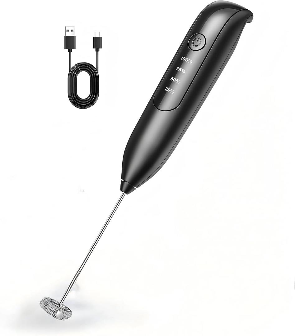 Electric Milk Frother Handheld: Rechargeable 3 in 1 - LED Digital Display with 3 Speeds Portable Stainless Steel Drink Foam Mixer for Milk Coffee, Lattes, Cappuccino, Matcha - Black