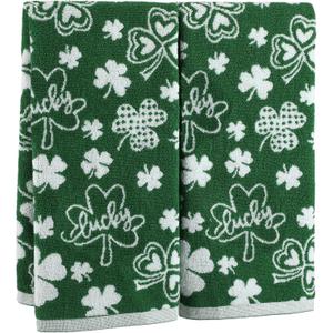 Breling 2 Pcs St. Patrick's Day Hand Towels Green White Shamrock Bathroom Towels 100% Cotton Highly Absorbent Soft Kitchen Dish Irish Gift for Spring St. Patrick Holiday Decorative, 13 x 29 Inch
