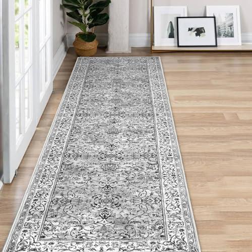 KILOCOCO Hallway Runner Rug 2x8 Runner Rug Washable Kitchen Runners Printed Vintage Floral Non-Slip Soft Low Pile Rubber Backed Distressed Runners for Laundry Room Bedroom, Light Gray White