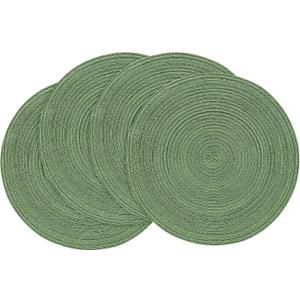 Floroom 15 Inch Round Braided Placemats Set of 4, Washable Heat Resistant Cotton Polyester Circle Place Mats for Kitchen Dining Table - Forest Green