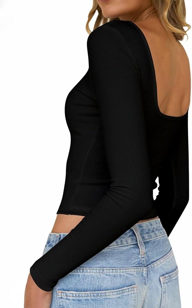 Falechay Long Sleeve Shirts for Women Sexy Backless Striped Tops Going Out T-Shirt Y2K Crop Womens Blouse Boat Neck Outfit (Black, S)