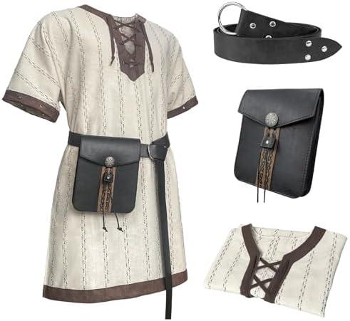 HiiFeuer Medieval Stripe Loose Tunic Top, with Vintage Belt and Bag, Renaissance Knight Lace Up Shirt, Viking Pirate Costume, XXL