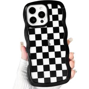 NITITOP Compatible with iPhone 16 Pro Case Cute Clear Curly Wavy Frame Shape Aesthetic Checkerboard Checkered Pattern for Women Girls Shockproof Soft TPU 2 in 1 Protective Phone Cover - Black