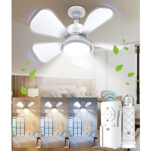 Socket Fan Light Ceiling Fans with Lights and Remote, Dimmable LED Ceiling Fan with Lights, 3 Colors 3000K-6500K, 1000 Lumens Light Bulb Screw in Ceiling Fan for Bedroom, Kitchen, Living Room, Closet (White)