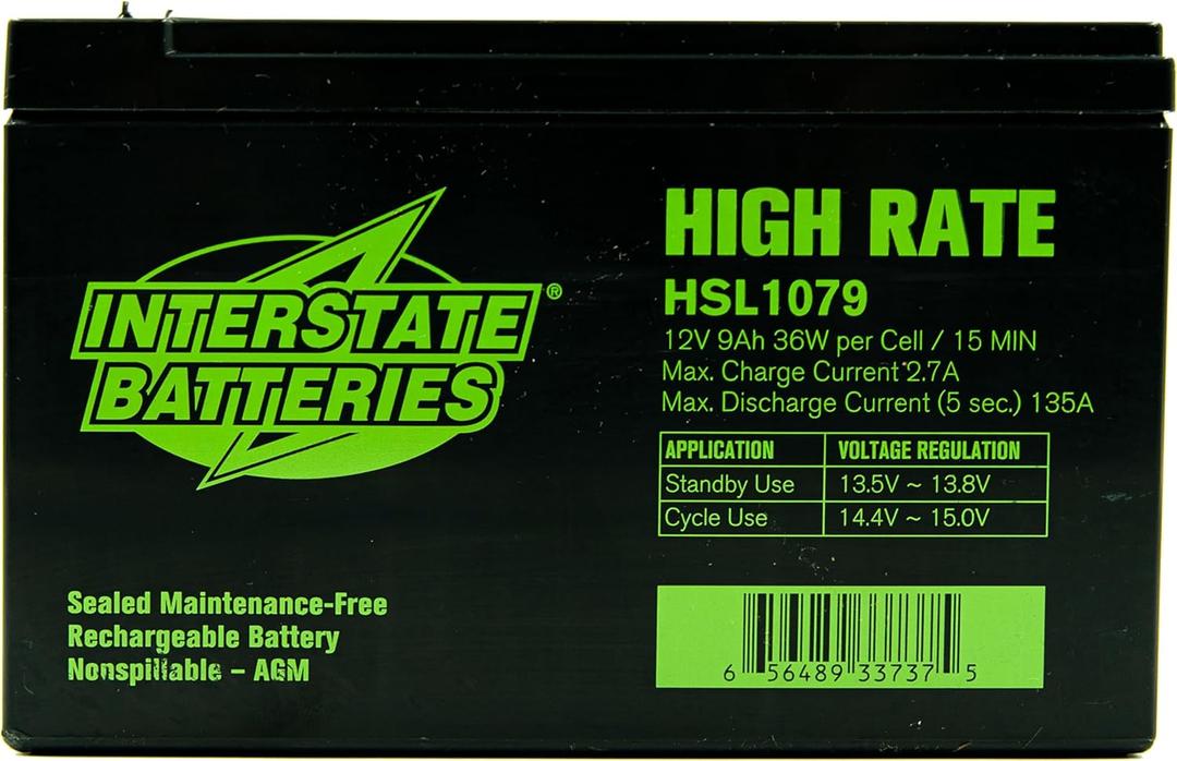 Interstate Batteries 12V 9Ah High Rate Battery (F2 Terminal) SLA AGM VRLA Rechargeable Replacement for APC Smart-UPS, UPS Back Up Systems, Security, Medical Devices (HSL1079)