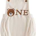 Baby Boy First Birthday Outfit Bear Letters Print Sleeveless Romper bodysuit Cake Smash Outfit Birthday Clothes (Beige, Size 6-12 M)