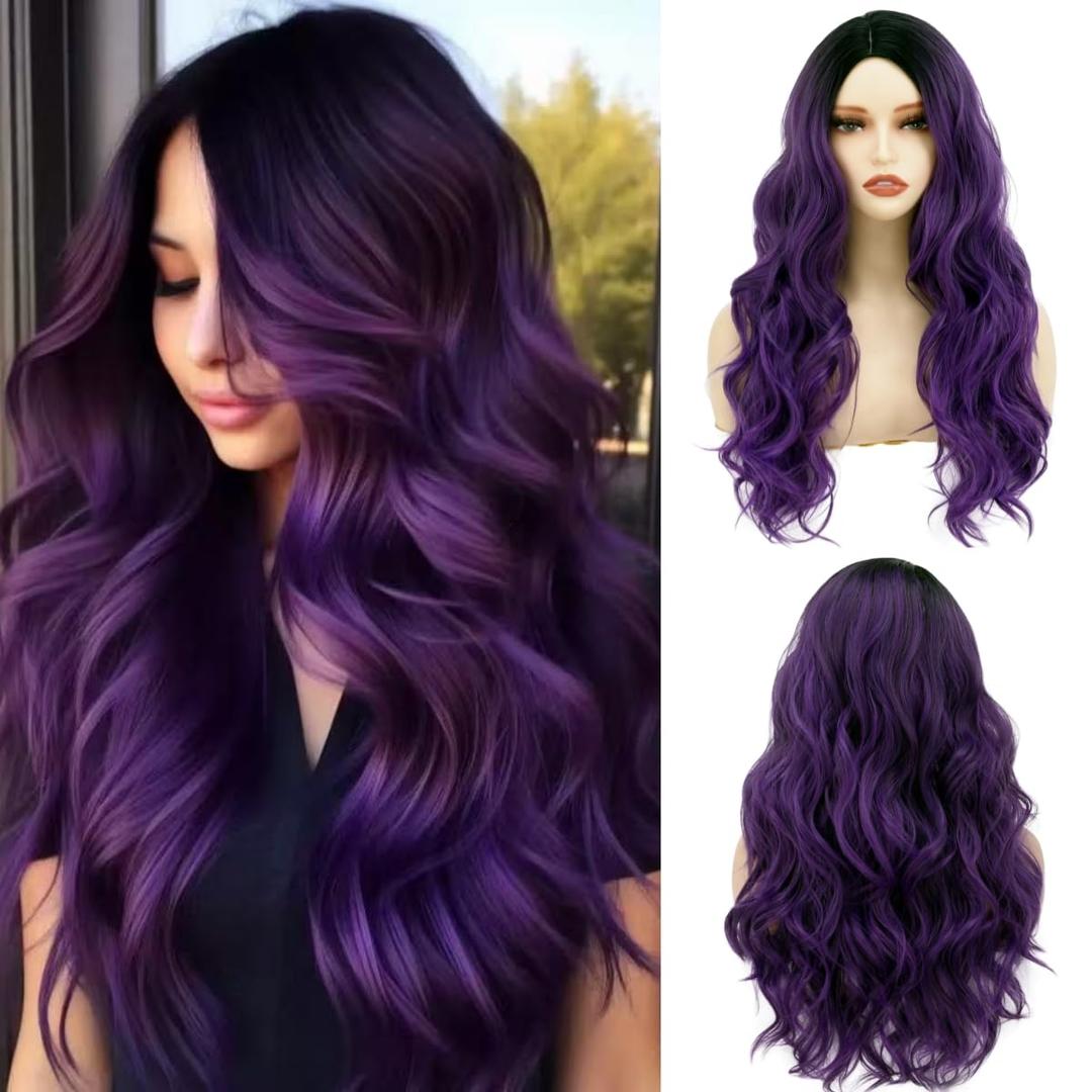 Purple wig Long Wavy Wigs for Women 26 Inch Middle Part Curly Wavy Wig Natural Looking Synthetic Heat Resistant Fiber Wig for Daily Party Use