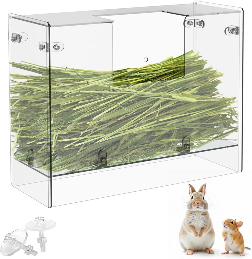 Acrylic Rabbit Hay Feeder with Lid, Transparent Hanging Food Dispenser Hay Feeder for Bunny Rabbits Guinea Pig Cage Chinchillas Hamsters Small Pets and Animals Medium