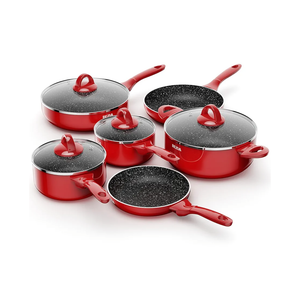 Induction Cookware Pots and Pans Set 10 Piece, BEZIA Dishwasher Safe Nonstick Cooking Pans, Stay-Cool Bakelite Handle, Scratch Resistant Kitchen Sets with Frying Pans, Saucepans & Stockpot (Red)
