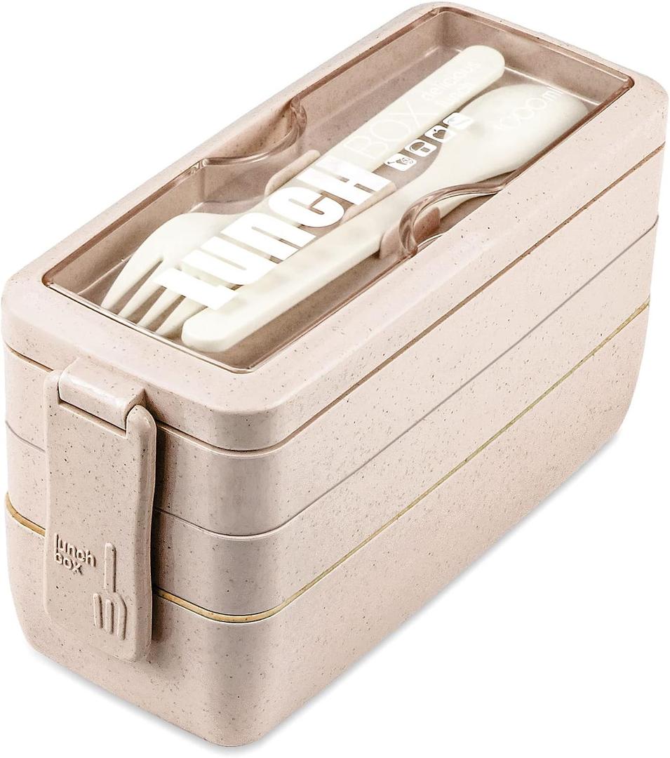 Iteryn Bento Box Lunch Box, 3-In-1 Compartment Lunch Containers - Wheat Straw, Leakproof Stackable Bento Lunch Box Meal Prep