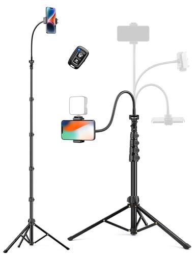 Phone Tripod, 86" Tall Tripod for iPhone with Flexible Gooseneck & Remote, Portable Aluminum Cellphone Stand for Selfies, Video Recording,Travel, Compatible with iPhone Android