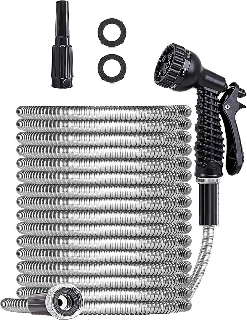 Metal Garden Hose 50FT, Stainless Water Hose with Adjustable Nozzle Sprayer, Heavy Duty Hoses for Yard, Outdoor - Flexible, Never Kink & Tangle, Puncture Resistant