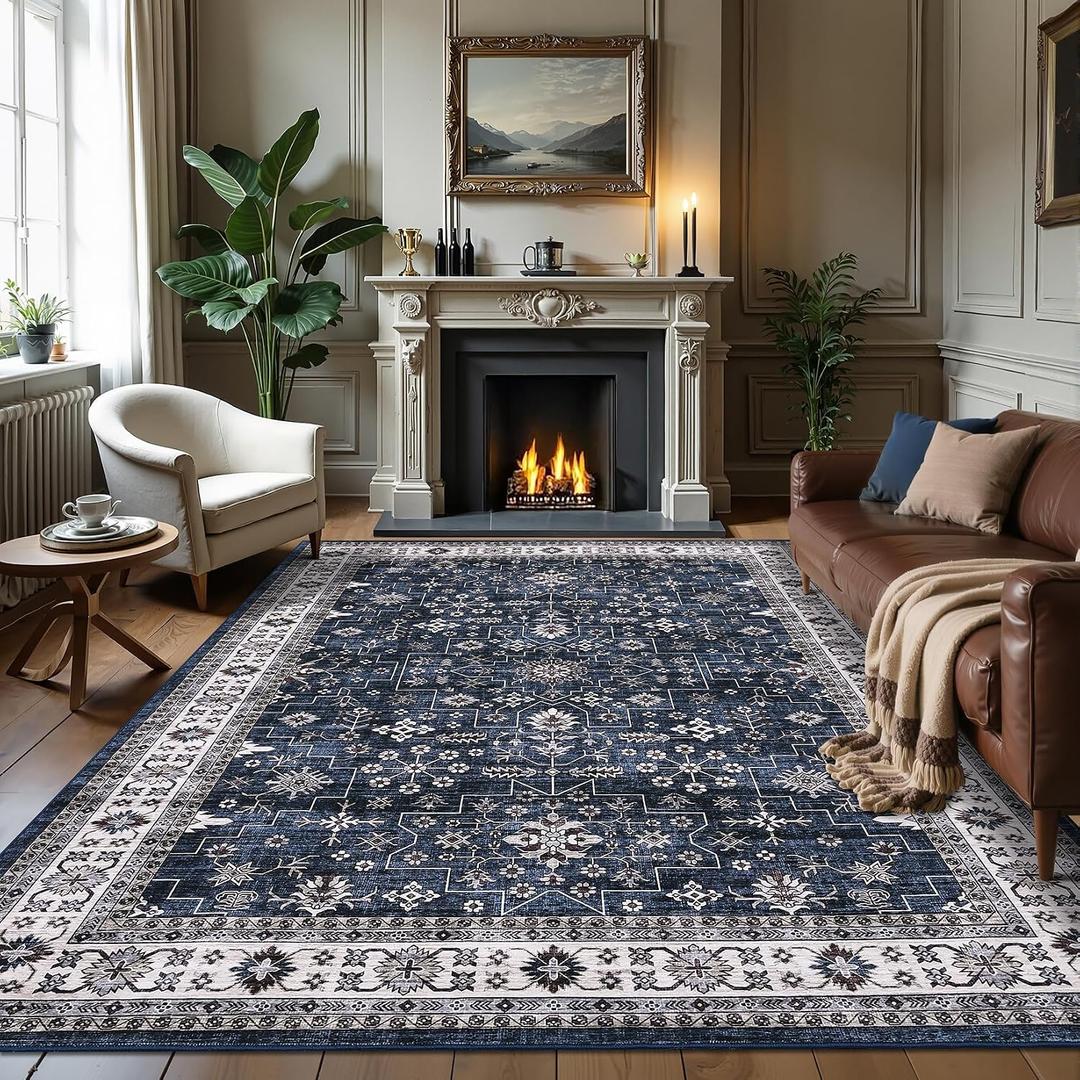 GarveeHome Navy Area Rugs 8x10 for Living Room, Vintage Tribal Large Washable Rug Soft Non Slip Backing Floor Mat Carpet Indoor Thin Accent Rug for Bedroom Dining Room Playroom Nursery Home Decor