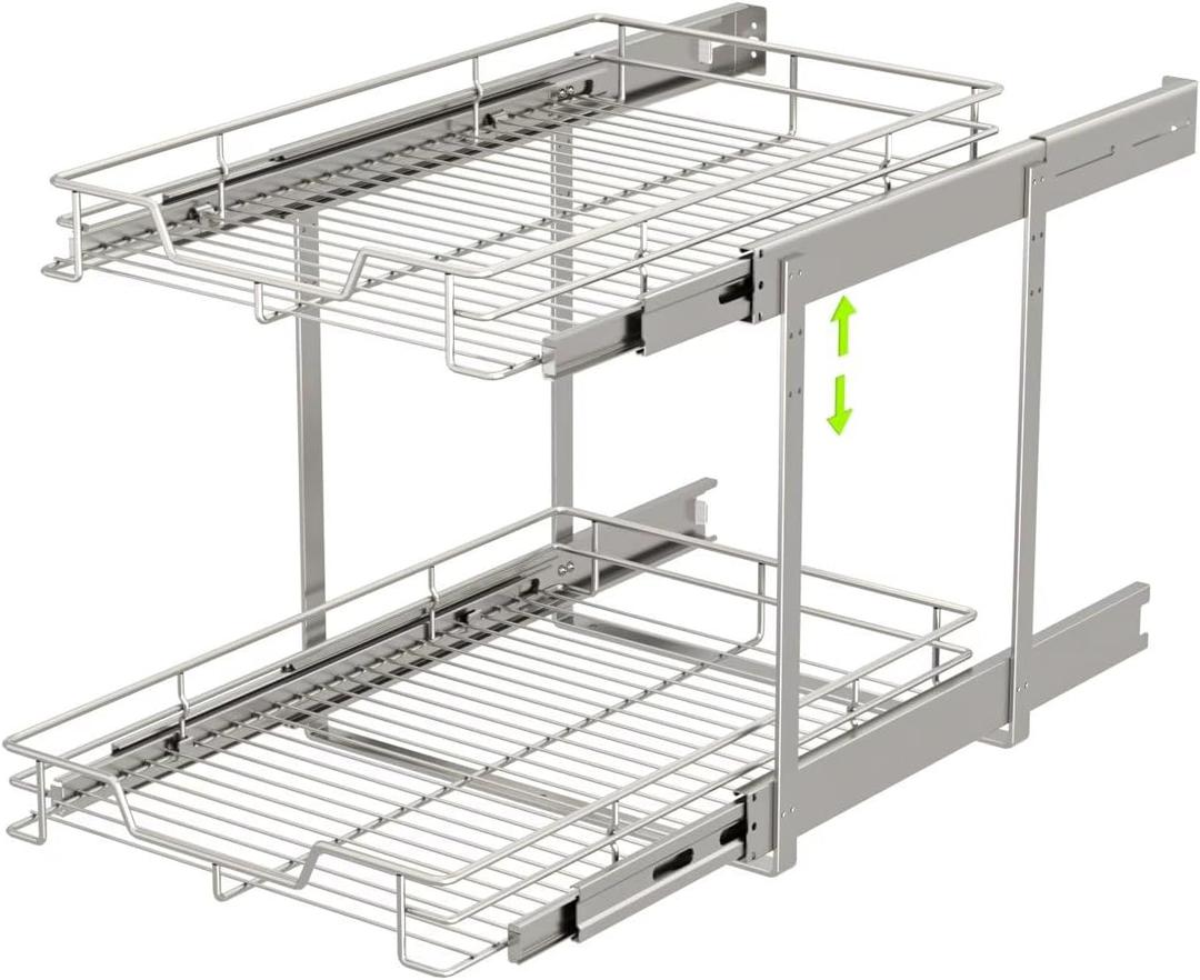 EZKAZA Pull Out Cabinet Organizer 20.5" W x 21" D, 2-Tier Kitchen Cabinet Pullout Shelf and Drawer Organizer Slide Out Pantry Storage Basket, 19.2" W x 21" D x 2.4" H for Bottom Basket Size