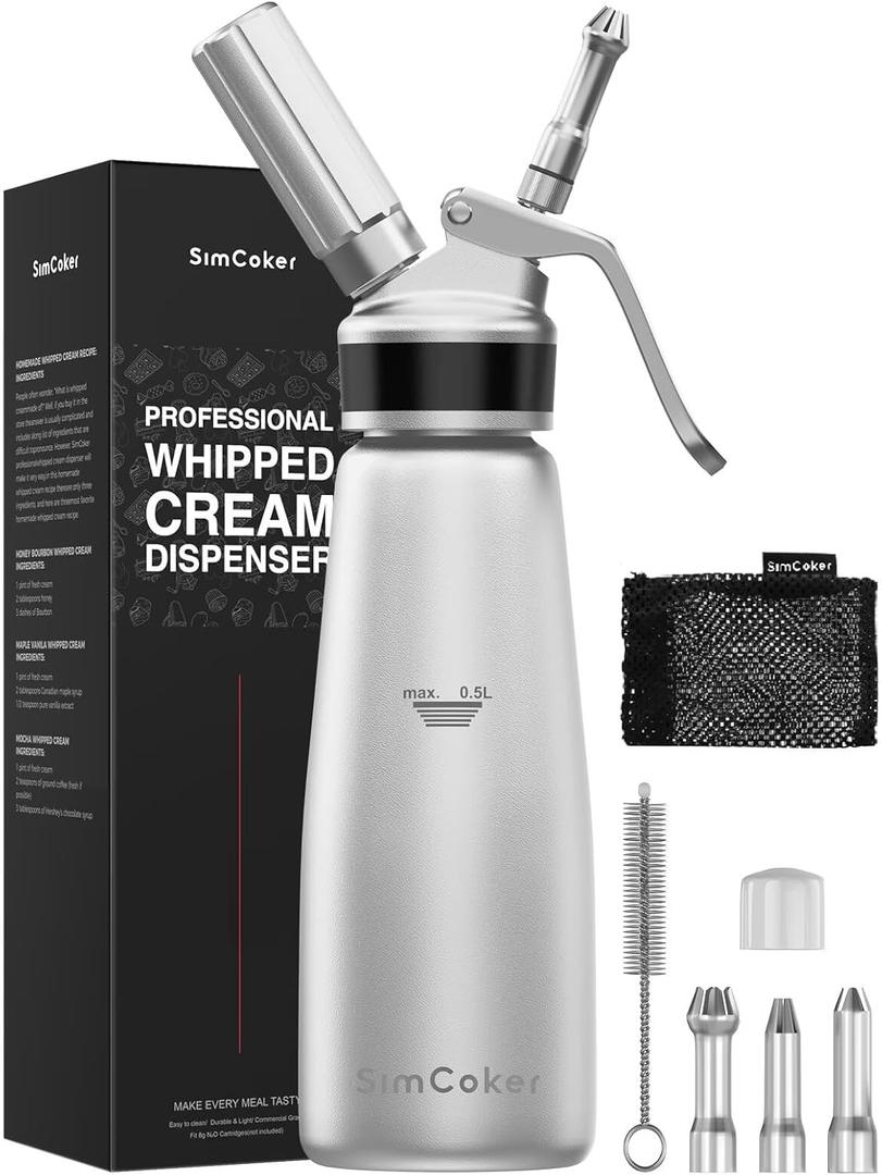 Whipped Cream Dispenser,Aluminum 500ml Whipped Cream Maker,3 Decorating Nozzles,1 Brush,1 Storage Bag,withou N2O Charger,Black