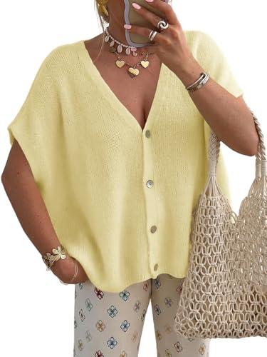 Saodimallsu Womens Spring Oversized Cardigans Batwing Short Sleeve Lightweight Button V Neck Casual Knit Sweater Tops Yellow, Size XL