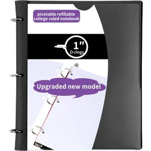 Pivotable Refillable Notebook, Upgraded 1 Inch 3 Ring Notebook Binder, 50 College Ruled Paper, 5 Subject Notebook with Dividers and Folder Pockets, Tabs- Black