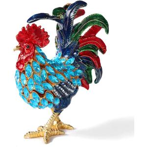 Rooster Trinket Boxes Hinged Enameled Jewelry Box Hand-Painted Animals Ornaments Craft Gift for Home Decor (Blue)
