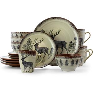 Elama Majestic Elk 16 Piece Round Stoneware Dinnerware Set in Taupe (Elk Design with Warm Taupe and Brown Accents)