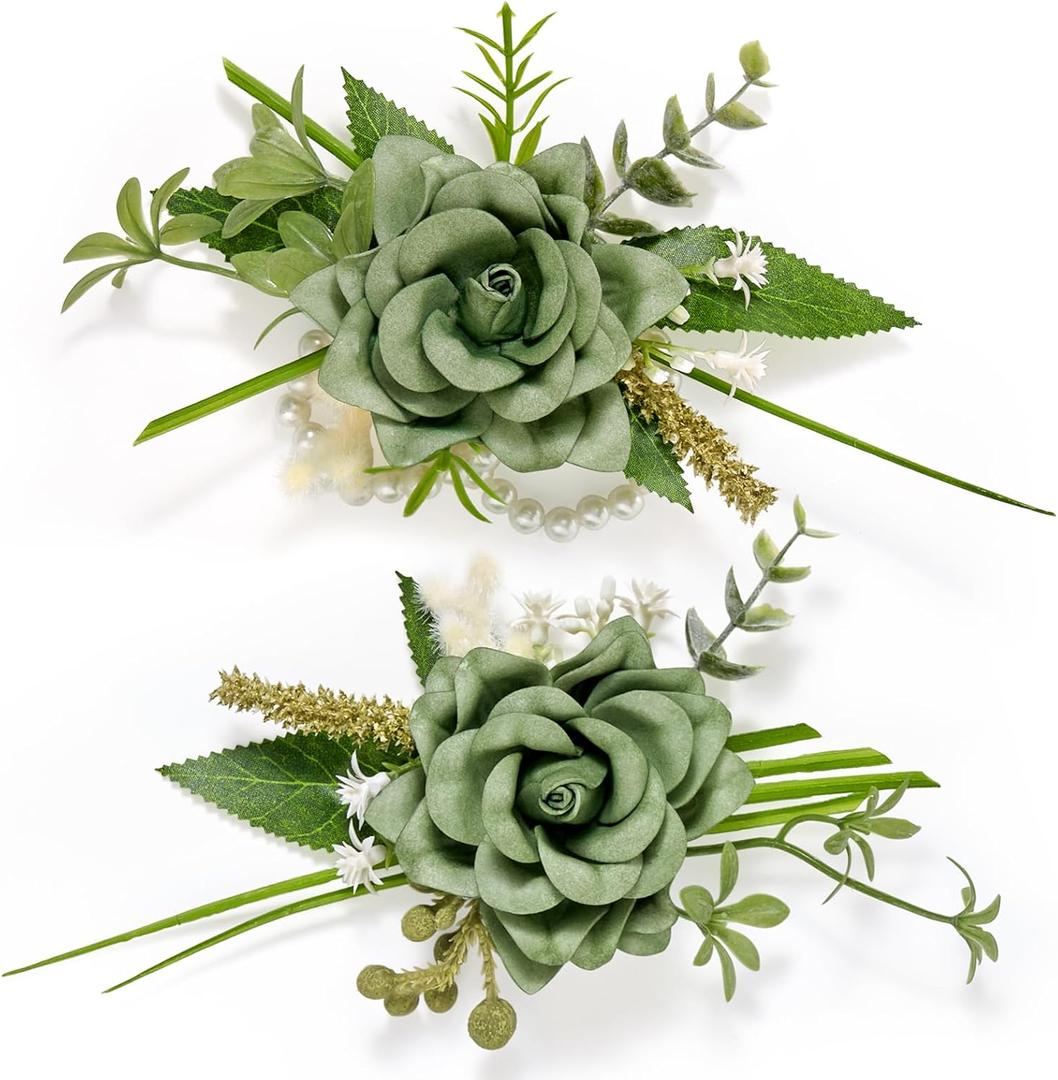 Serwalin Green Corsage and Boutonniere Set 2pcs, 6-7inch Boutonniere and Wrist Corsage Wristband Prom Flower Wedding Flowers Accessories Prom Suit Decorations